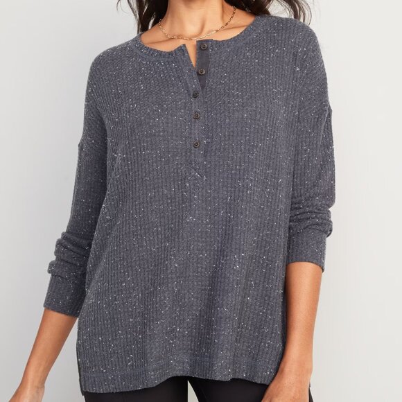 OLD NAVY Women's Long Sleeve Waffle-Knit Henley Coal Smoke Gray Tunic Top XL - Picture 1 of 7